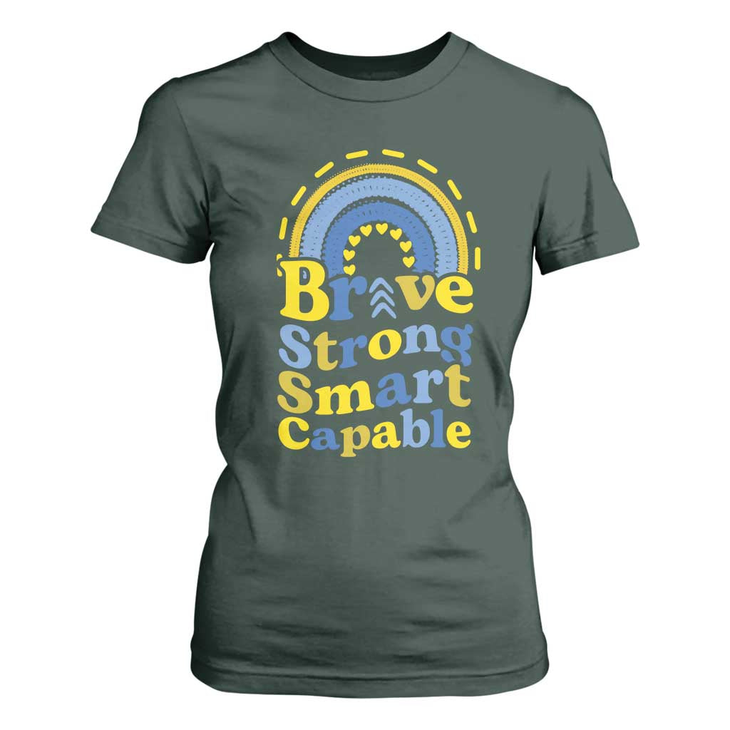 Down Syndrome Support T Shirt For Women Brave Strong Smart Capable Rainbow