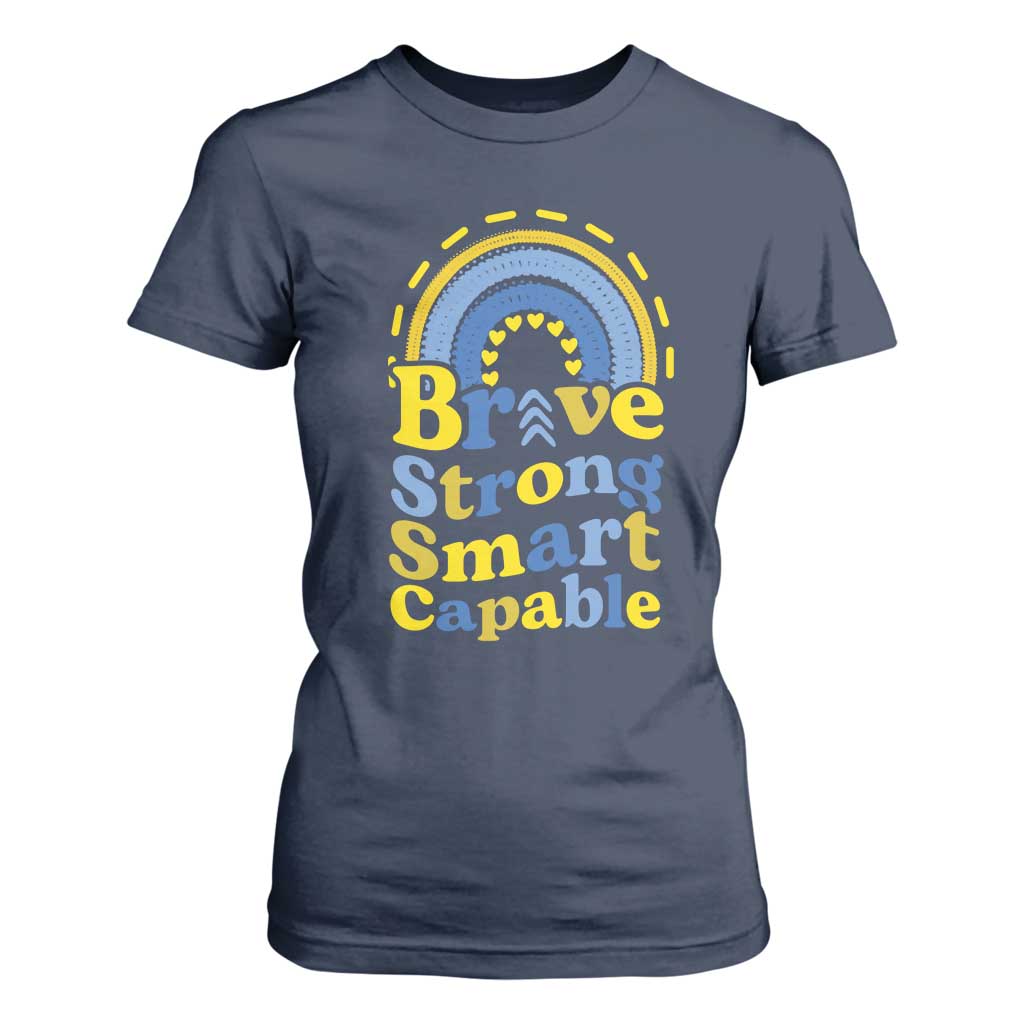 Down Syndrome Support T Shirt For Women Brave Strong Smart Capable Rainbow