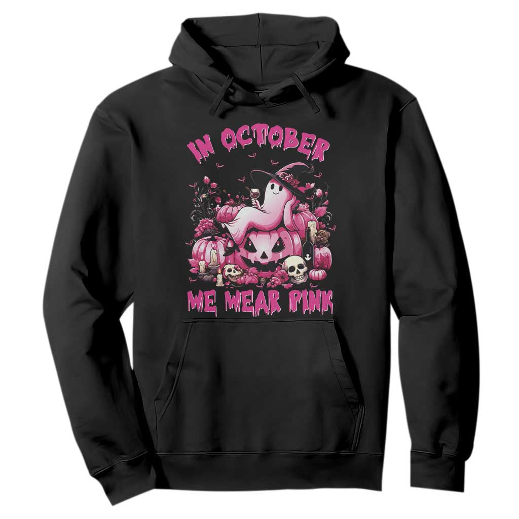 Breast Cancer Support Hoodie In October We Wear Pink Halloween Ghost Pumpkin Wine Skull