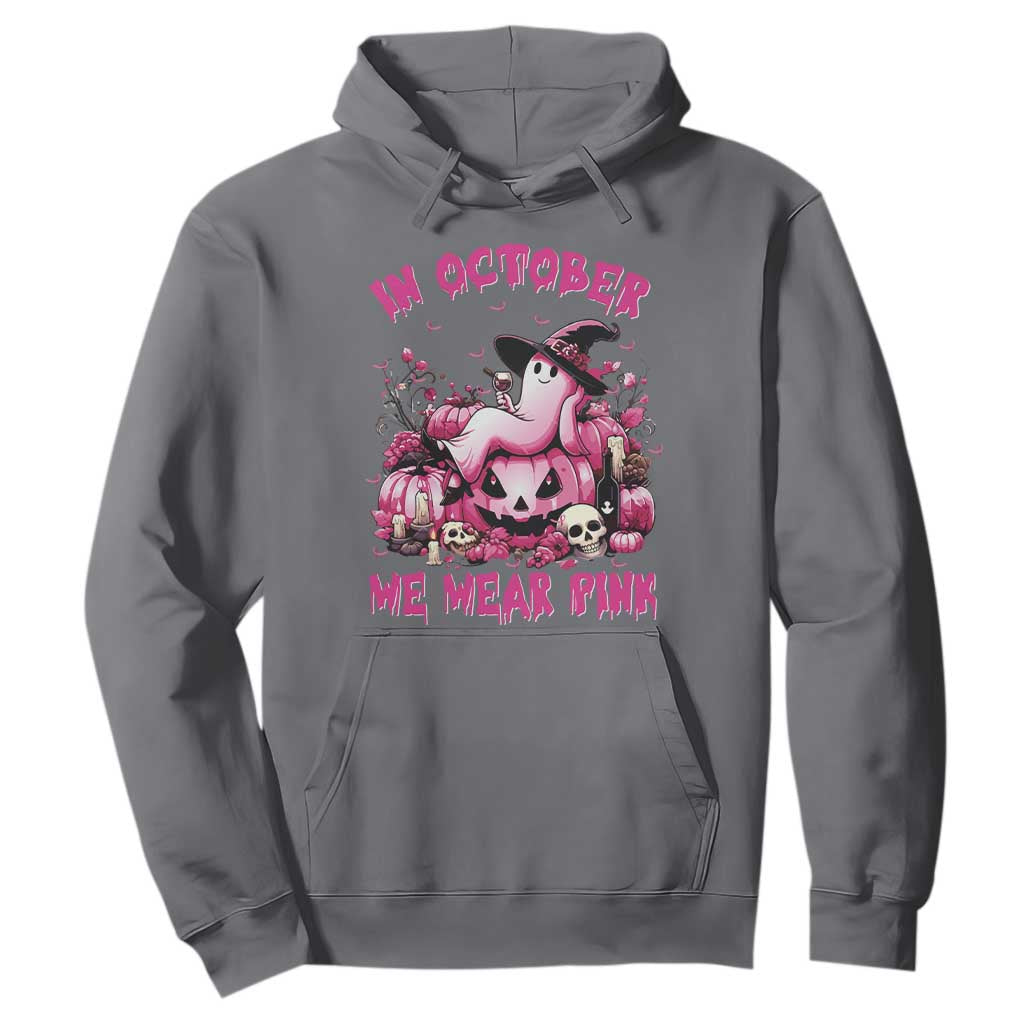 Breast Cancer Support Hoodie In October We Wear Pink Halloween Ghost Pumpkin Wine Skull