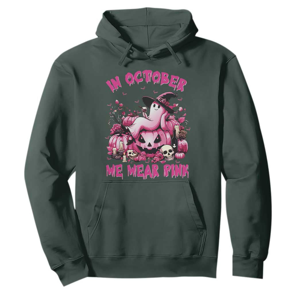 Breast Cancer Support Hoodie In October We Wear Pink Halloween Ghost Pumpkin Wine Skull