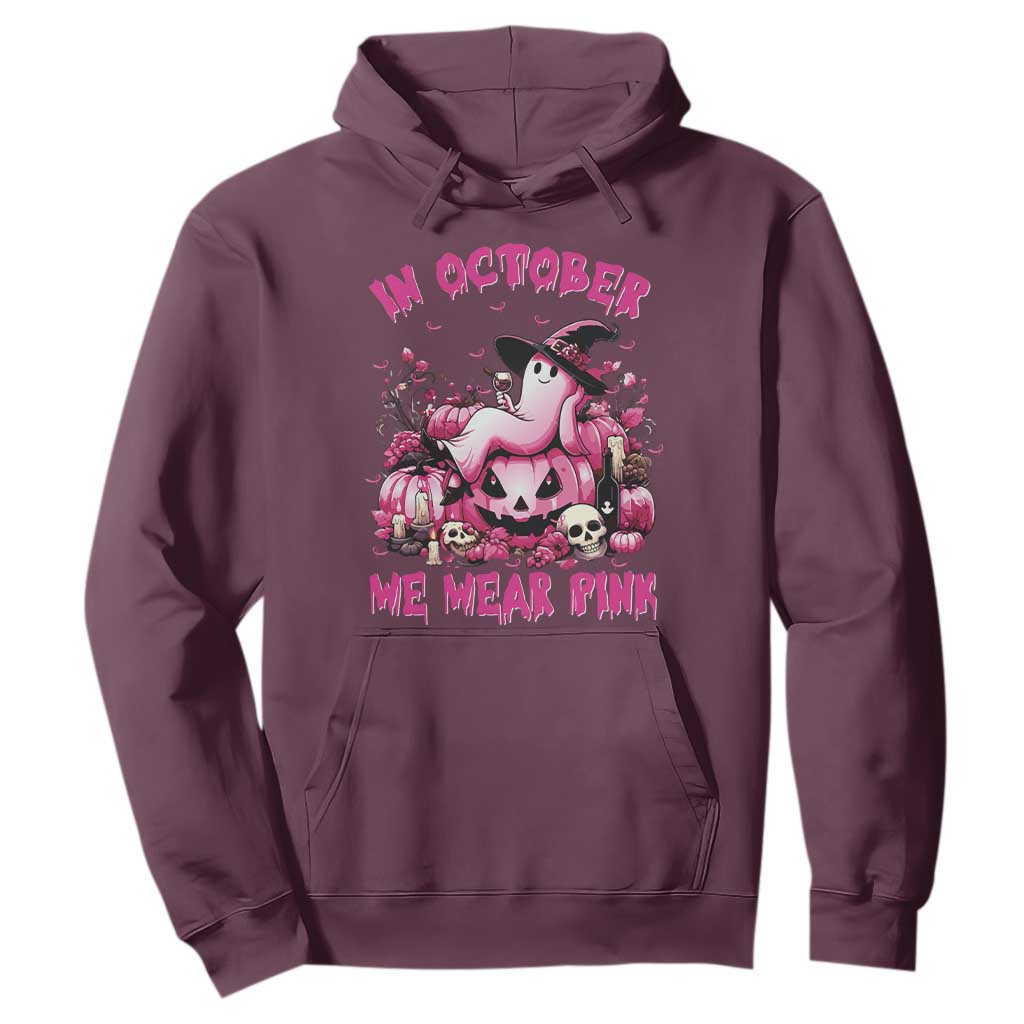 Breast Cancer Support Hoodie In October We Wear Pink Halloween Ghost Pumpkin Wine Skull