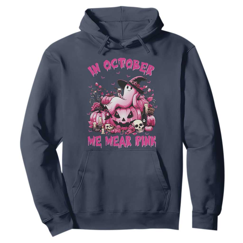Breast Cancer Support Hoodie In October We Wear Pink Halloween Ghost Pumpkin Wine Skull