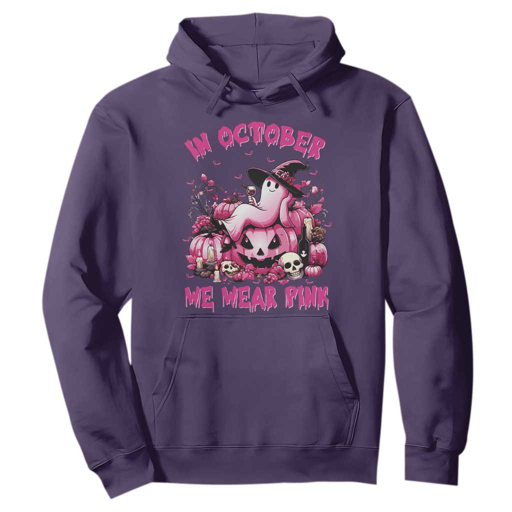 Breast Cancer Support Hoodie In October We Wear Pink Halloween Ghost Pumpkin Wine Skull