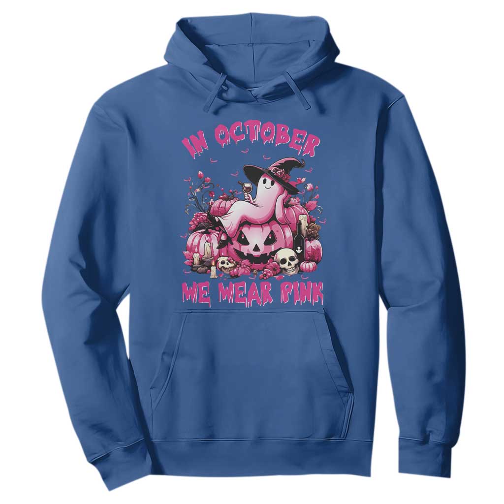 Breast Cancer Support Hoodie In October We Wear Pink Halloween Ghost Pumpkin Wine Skull