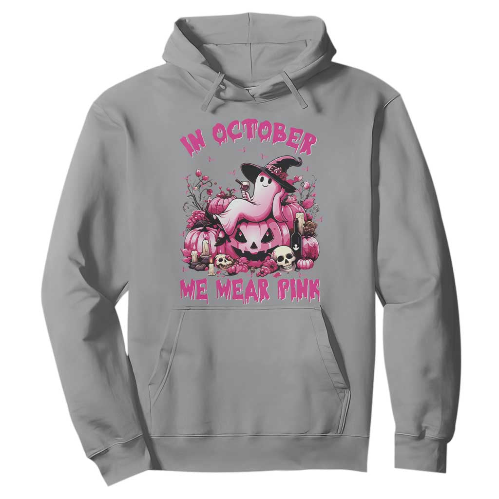Breast Cancer Support Hoodie In October We Wear Pink Halloween Ghost Pumpkin Wine Skull