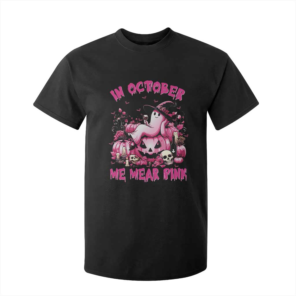 Breast Cancer Support T Shirt For Kid In October We Wear Pink Halloween Ghost Pumpkin Wine Skull