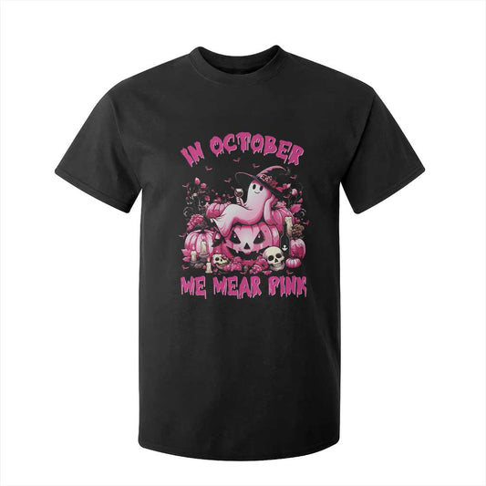 Breast Cancer Support T Shirt For Kid In October We Wear Pink Halloween Ghost Pumpkin Wine Skull