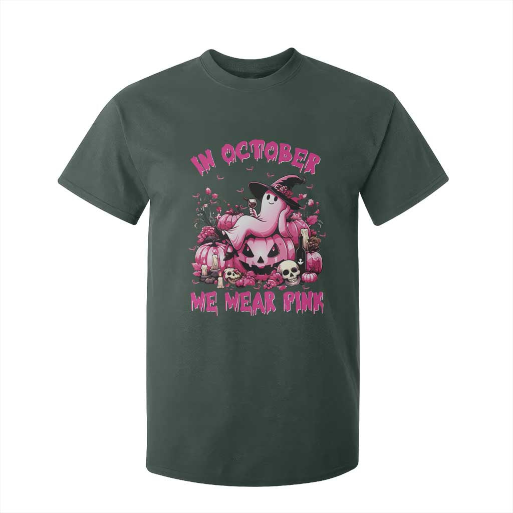 Breast Cancer Support T Shirt For Kid In October We Wear Pink Halloween Ghost Pumpkin Wine Skull