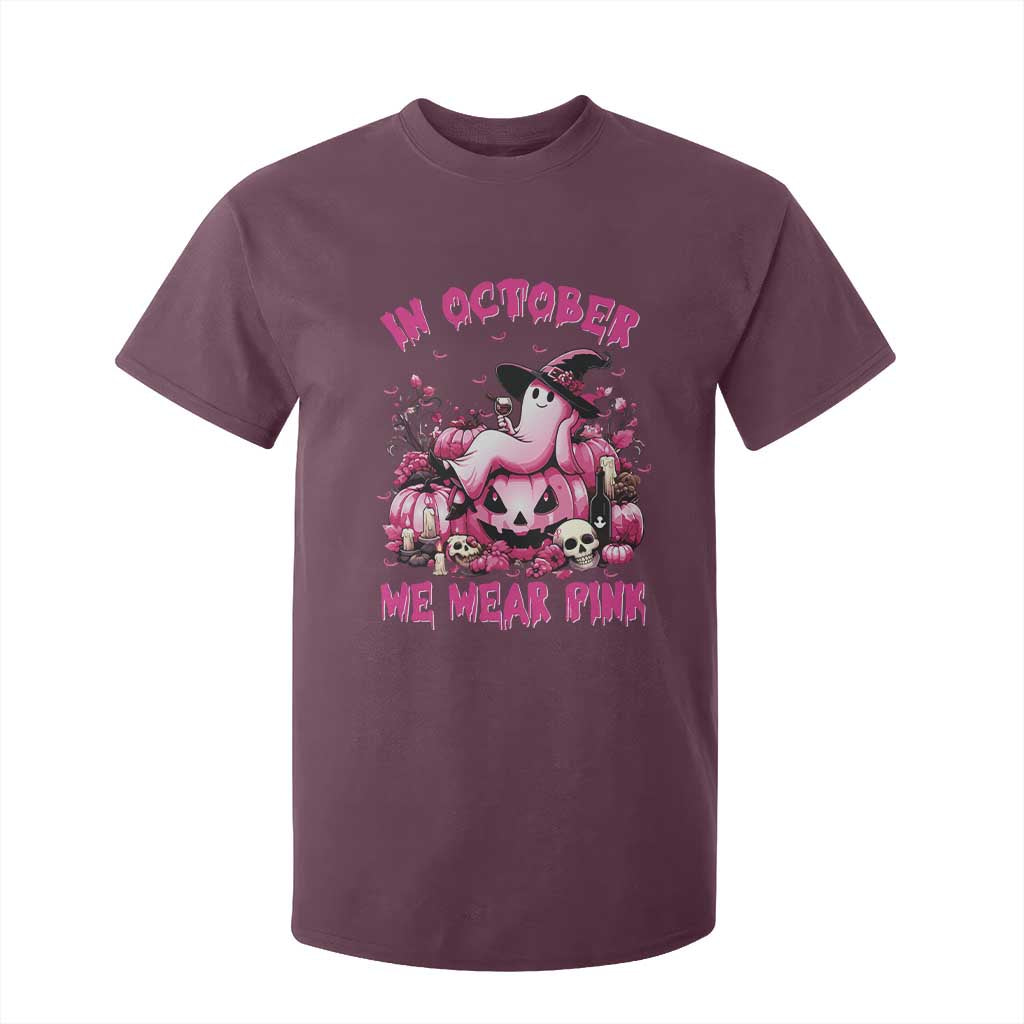 Breast Cancer Support T Shirt For Kid In October We Wear Pink Halloween Ghost Pumpkin Wine Skull