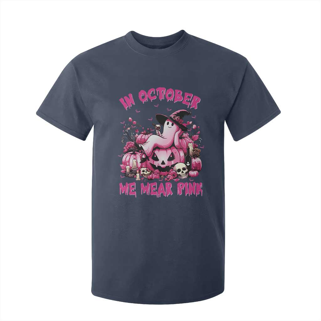 Breast Cancer Support T Shirt For Kid In October We Wear Pink Halloween Ghost Pumpkin Wine Skull