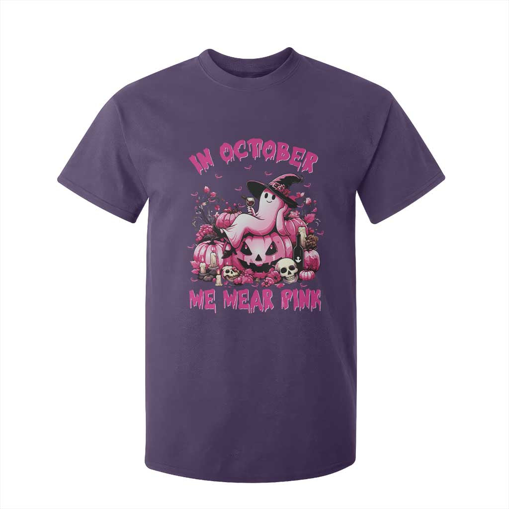 Breast Cancer Support T Shirt For Kid In October We Wear Pink Halloween Ghost Pumpkin Wine Skull
