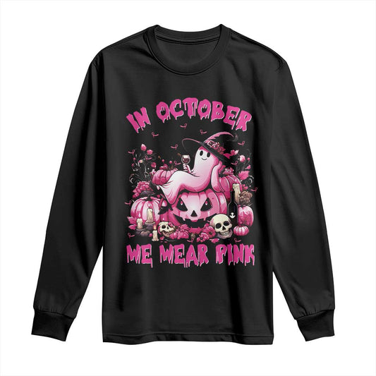 Breast Cancer Support Long Sleeve Shirt In October We Wear Pink Halloween Ghost Pumpkin Wine Skull