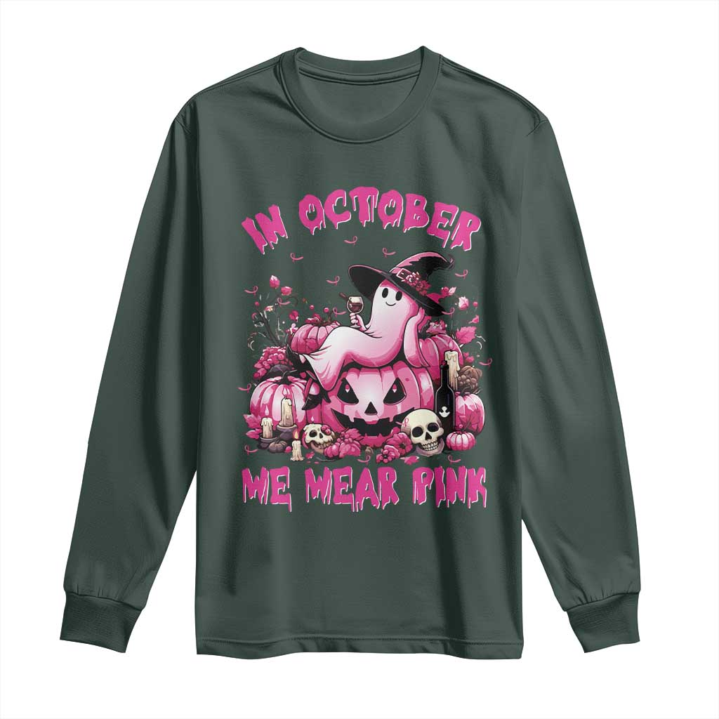 Breast Cancer Support Long Sleeve Shirt In October We Wear Pink Halloween Ghost Pumpkin Wine Skull