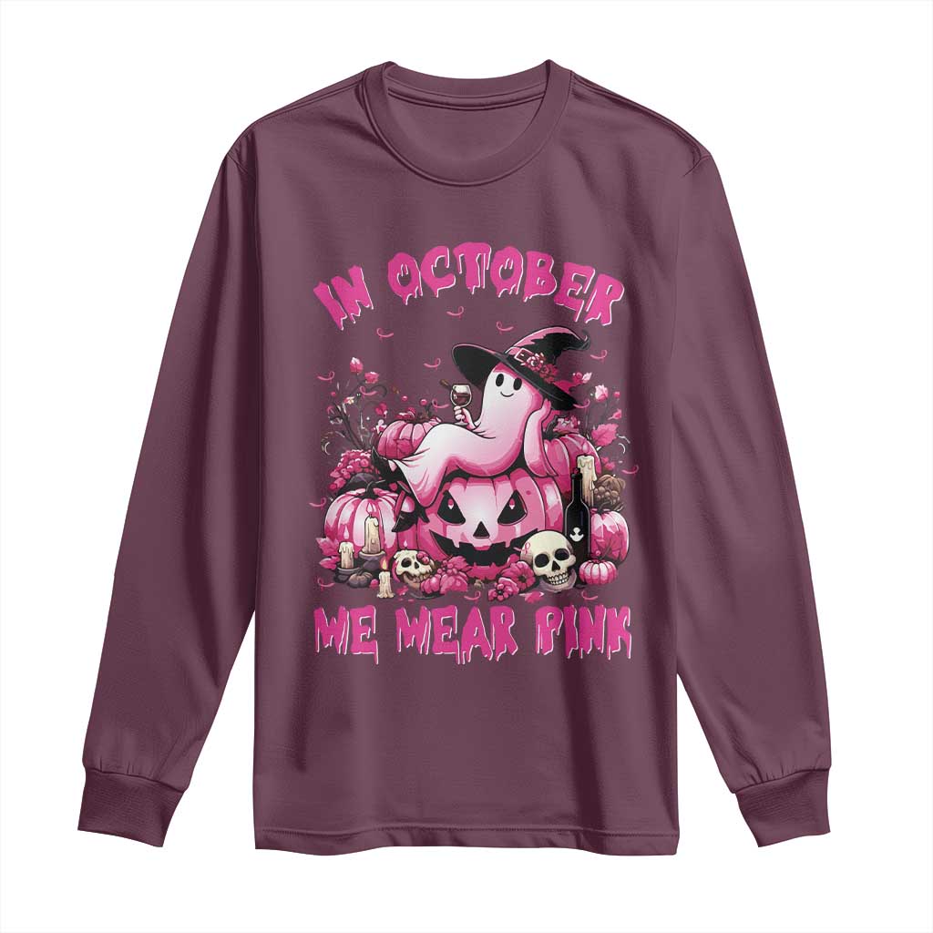 Breast Cancer Support Long Sleeve Shirt In October We Wear Pink Halloween Ghost Pumpkin Wine Skull