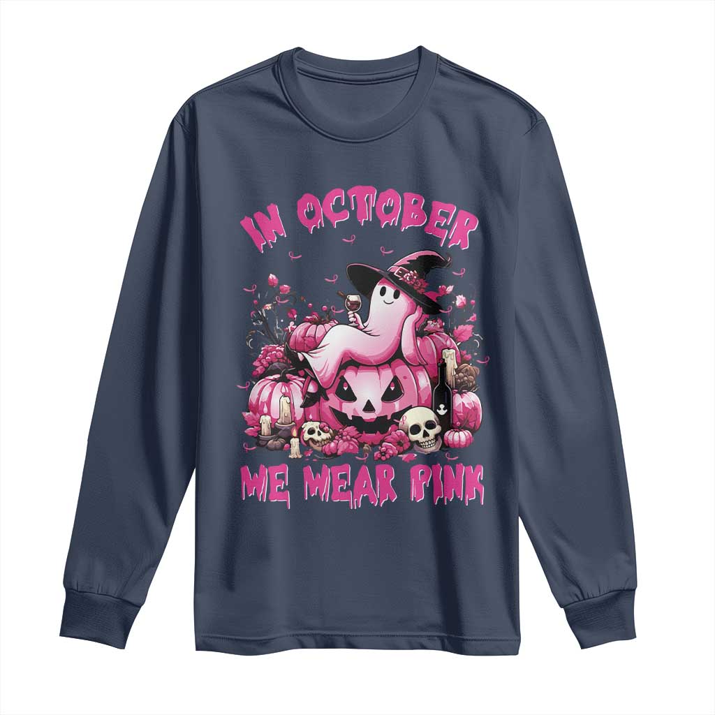 Breast Cancer Support Long Sleeve Shirt In October We Wear Pink Halloween Ghost Pumpkin Wine Skull