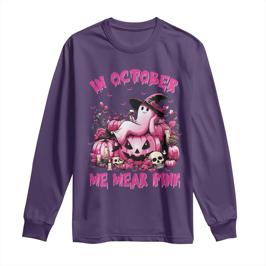 Breast Cancer Support Long Sleeve Shirt In October We Wear Pink Halloween Ghost Pumpkin Wine Skull