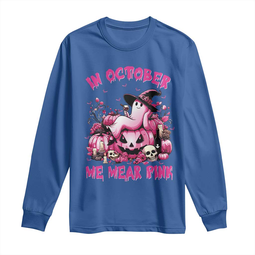 Breast Cancer Support Long Sleeve Shirt In October We Wear Pink Halloween Ghost Pumpkin Wine Skull