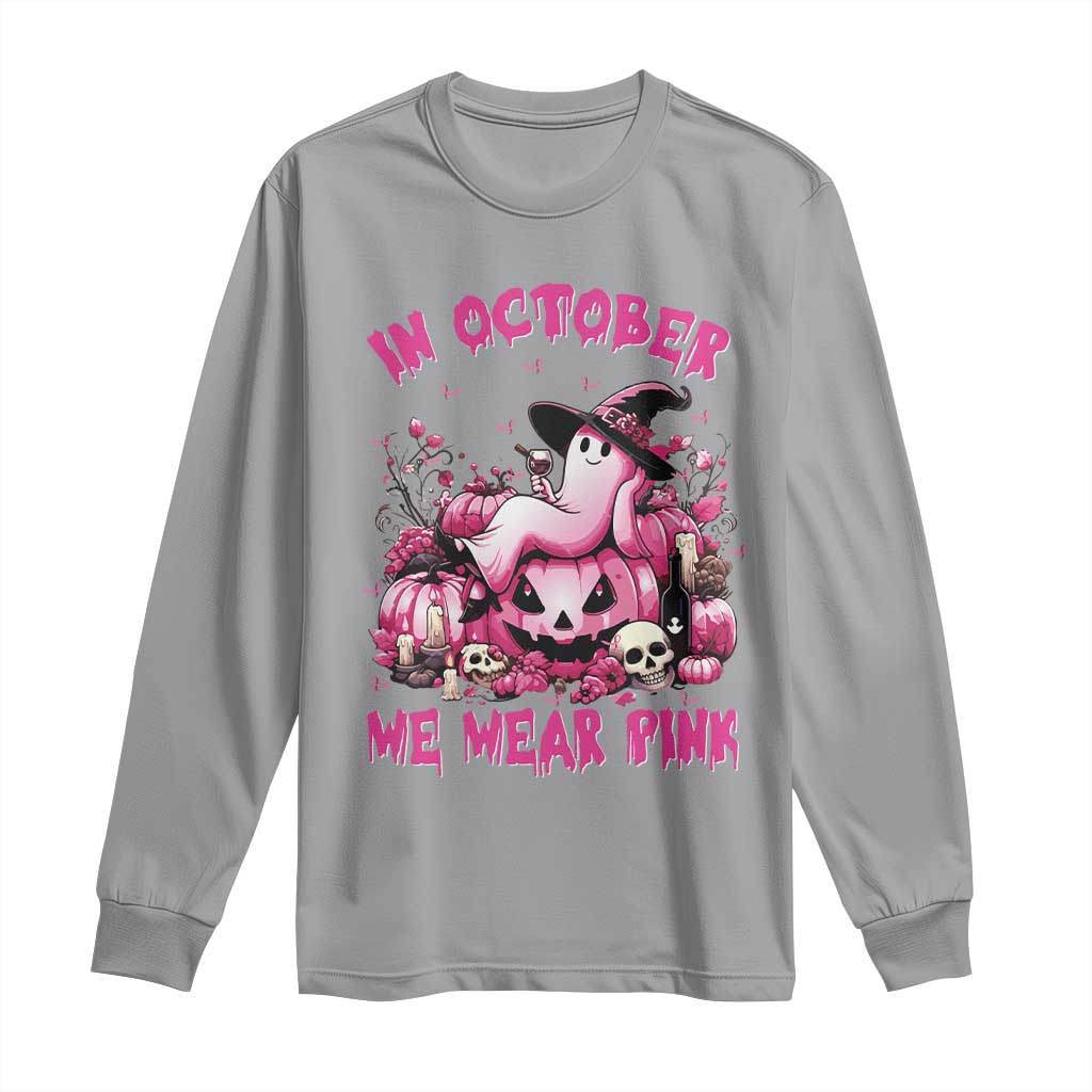 Breast Cancer Support Long Sleeve Shirt In October We Wear Pink Halloween Ghost Pumpkin Wine Skull