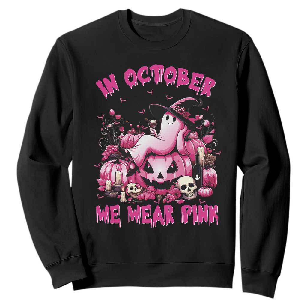 Breast Cancer Support Sweatshirt In October We Wear Pink Halloween Ghost Pumpkin Wine Skull