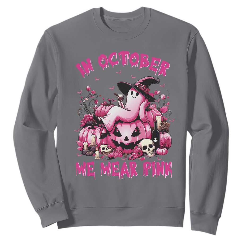 Breast Cancer Support Sweatshirt In October We Wear Pink Halloween Ghost Pumpkin Wine Skull
