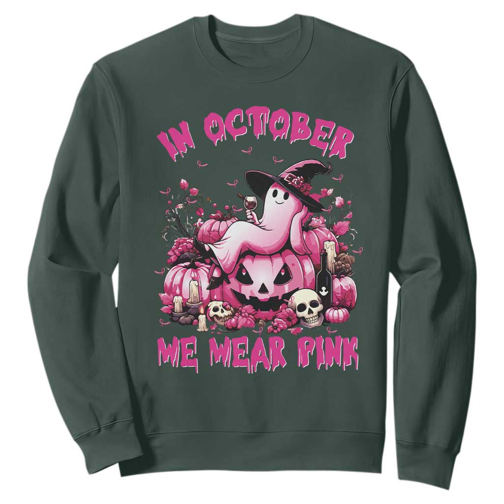 Breast Cancer Support Sweatshirt In October We Wear Pink Halloween Ghost Pumpkin Wine Skull