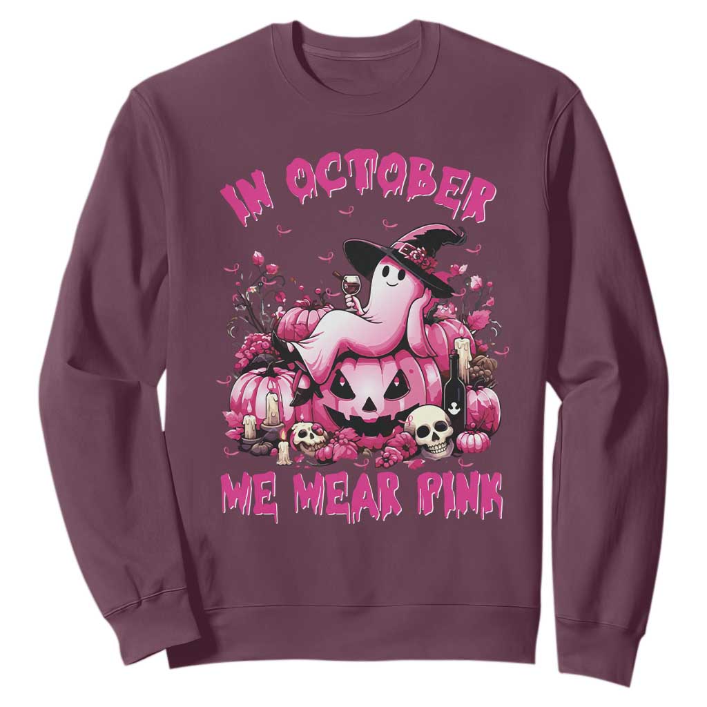 Breast Cancer Support Sweatshirt In October We Wear Pink Halloween Ghost Pumpkin Wine Skull