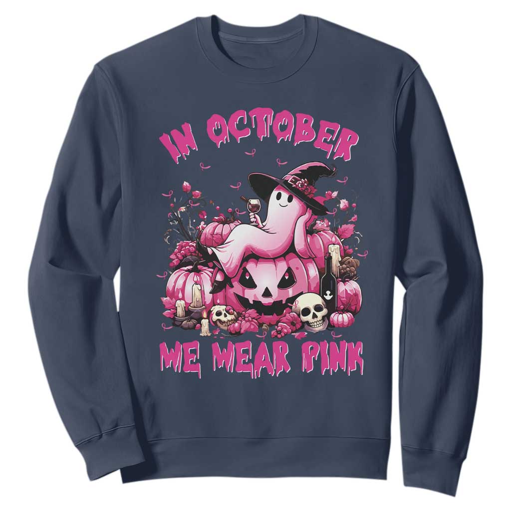 Breast Cancer Support Sweatshirt In October We Wear Pink Halloween Ghost Pumpkin Wine Skull