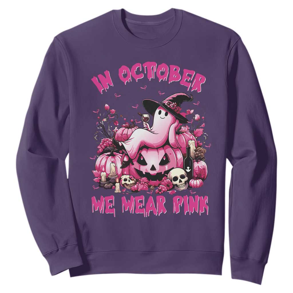 Breast Cancer Support Sweatshirt In October We Wear Pink Halloween Ghost Pumpkin Wine Skull
