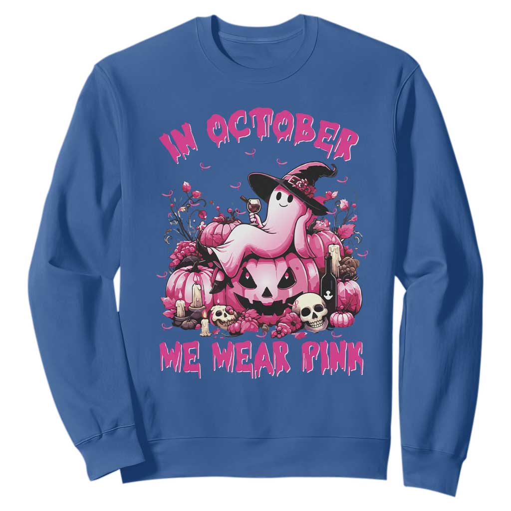 Breast Cancer Support Sweatshirt In October We Wear Pink Halloween Ghost Pumpkin Wine Skull