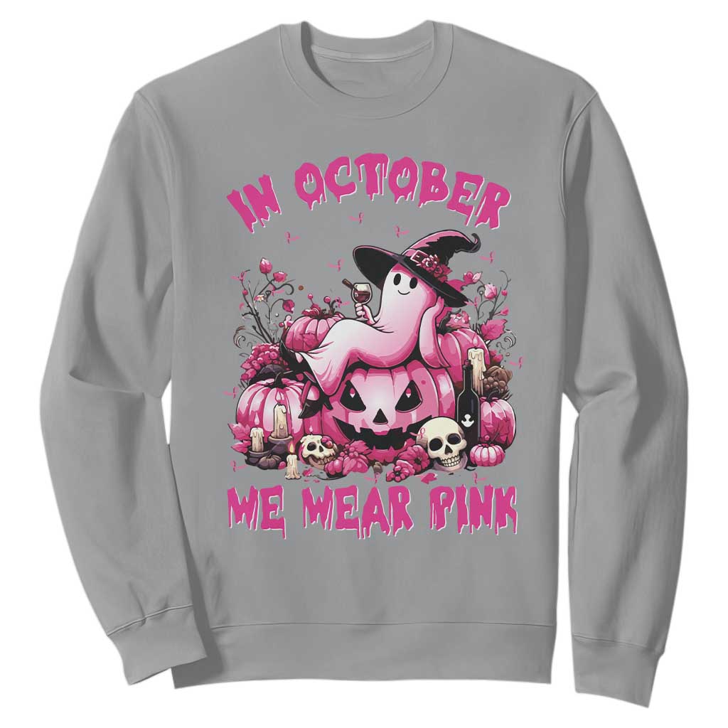 Breast Cancer Support Sweatshirt In October We Wear Pink Halloween Ghost Pumpkin Wine Skull