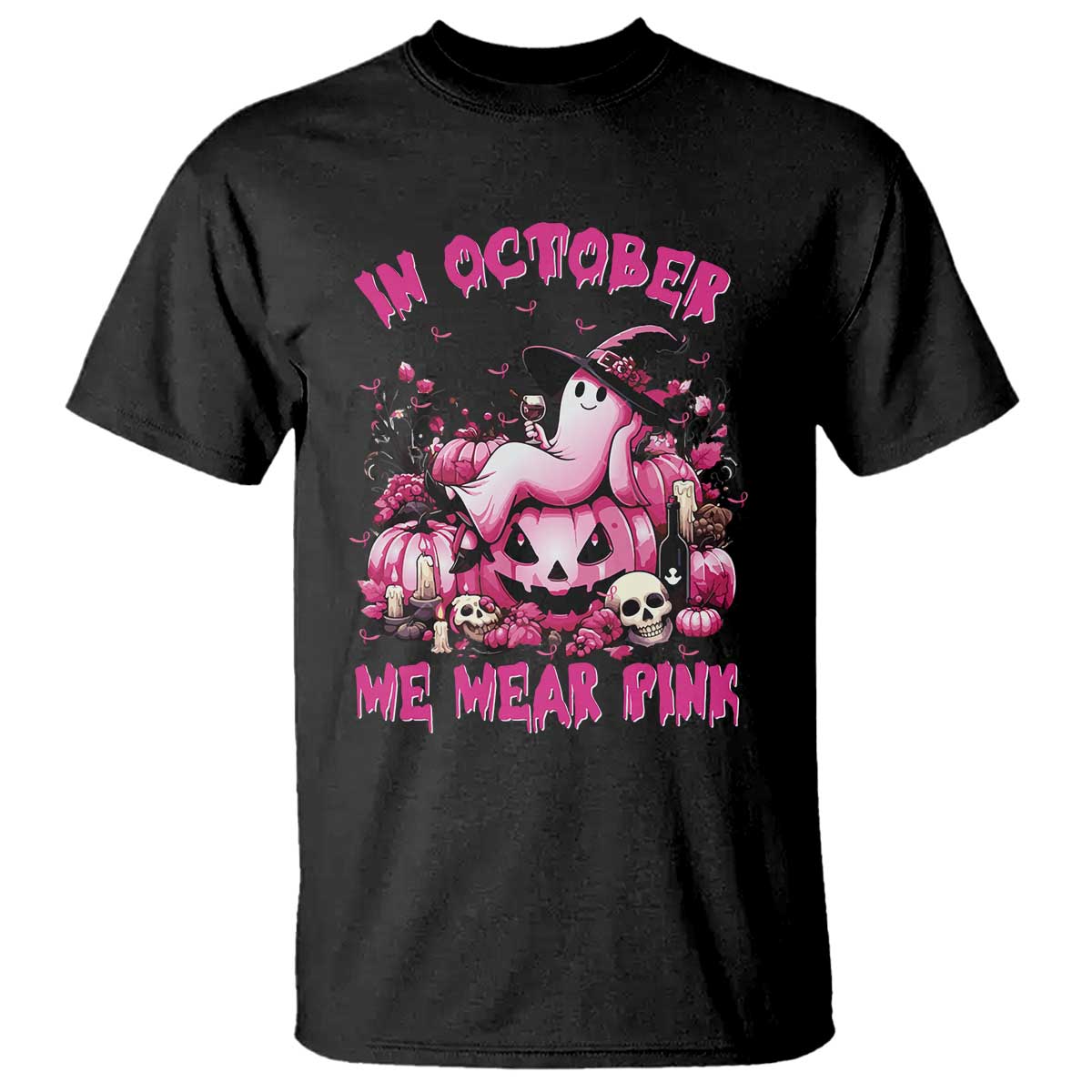 Breast Cancer Support T Shirt In October We Wear Pink Halloween Ghost Pumpkin Wine Skull