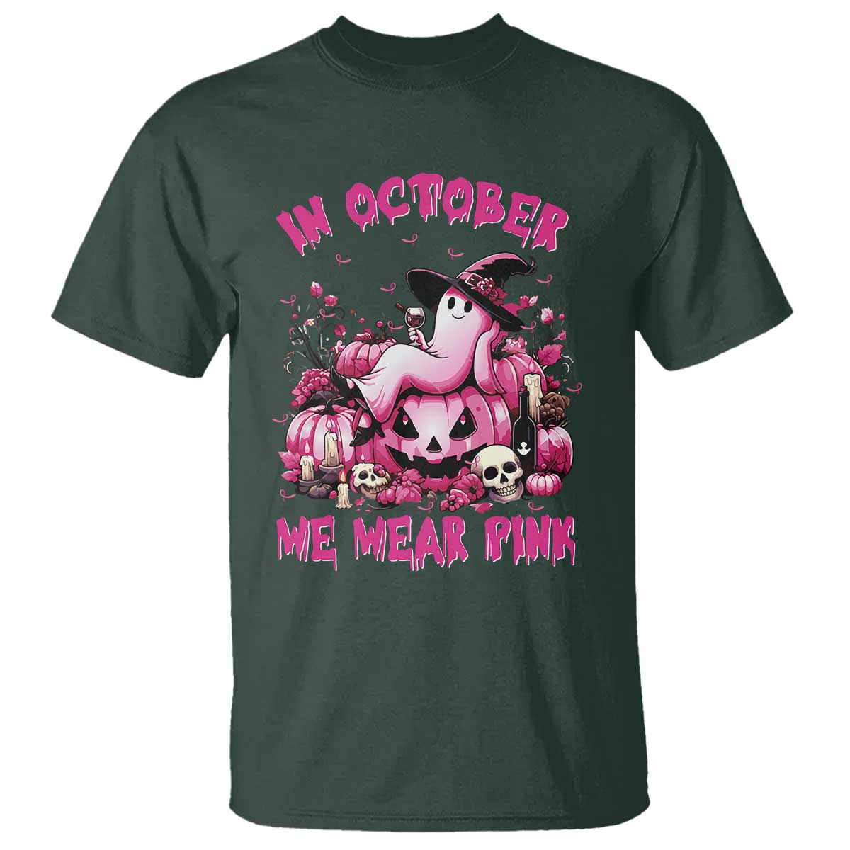 Breast Cancer Support T Shirt In October We Wear Pink Halloween Ghost Pumpkin Wine Skull