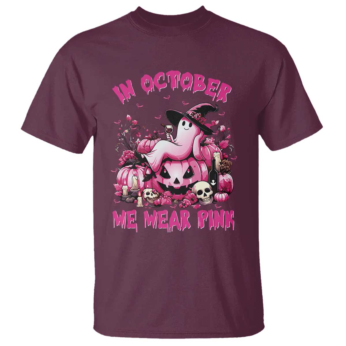 Breast Cancer Support T Shirt In October We Wear Pink Halloween Ghost Pumpkin Wine Skull