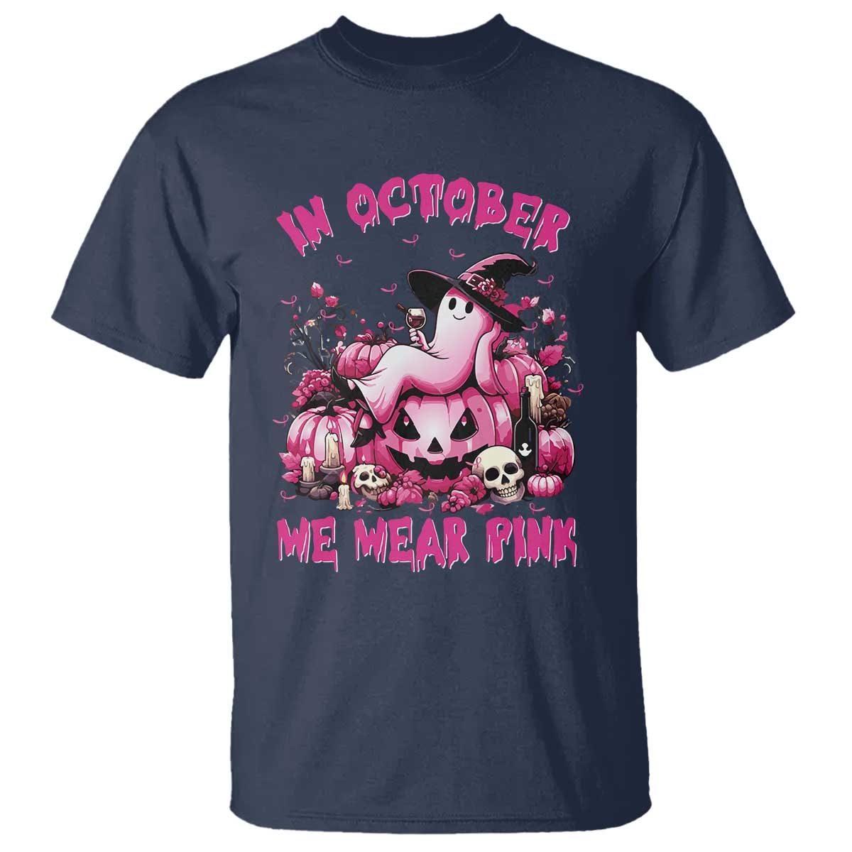 Breast Cancer Support T Shirt In October We Wear Pink Halloween Ghost Pumpkin Wine Skull