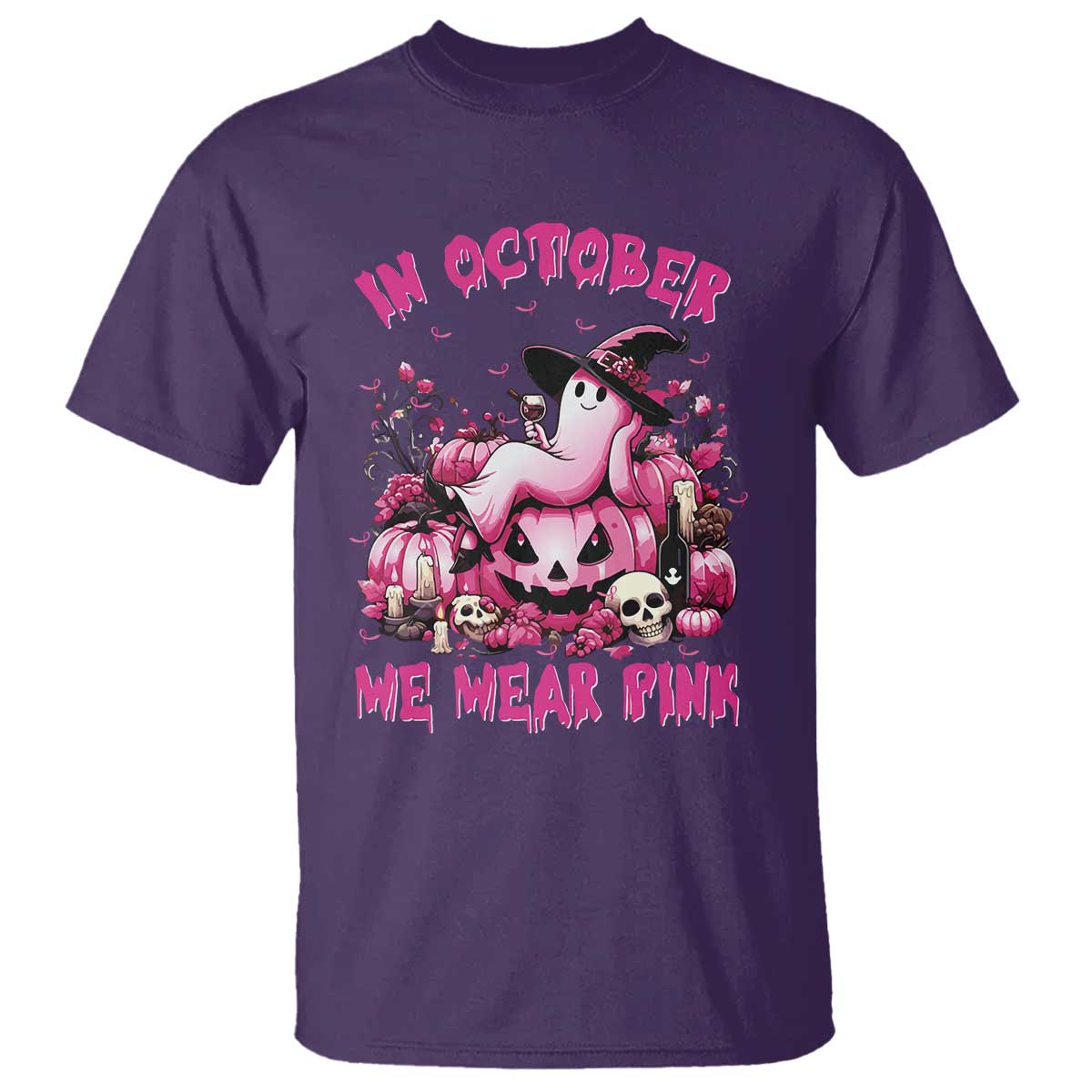 Breast Cancer Support T Shirt In October We Wear Pink Halloween Ghost Pumpkin Wine Skull