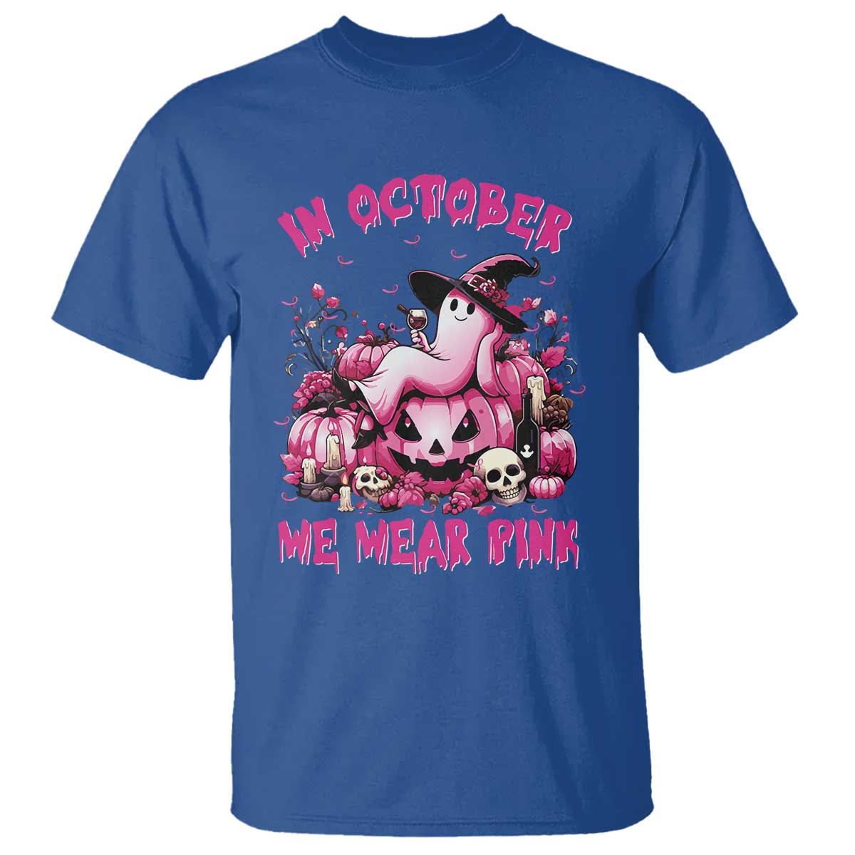 Breast Cancer Support T Shirt In October We Wear Pink Halloween Ghost Pumpkin Wine Skull