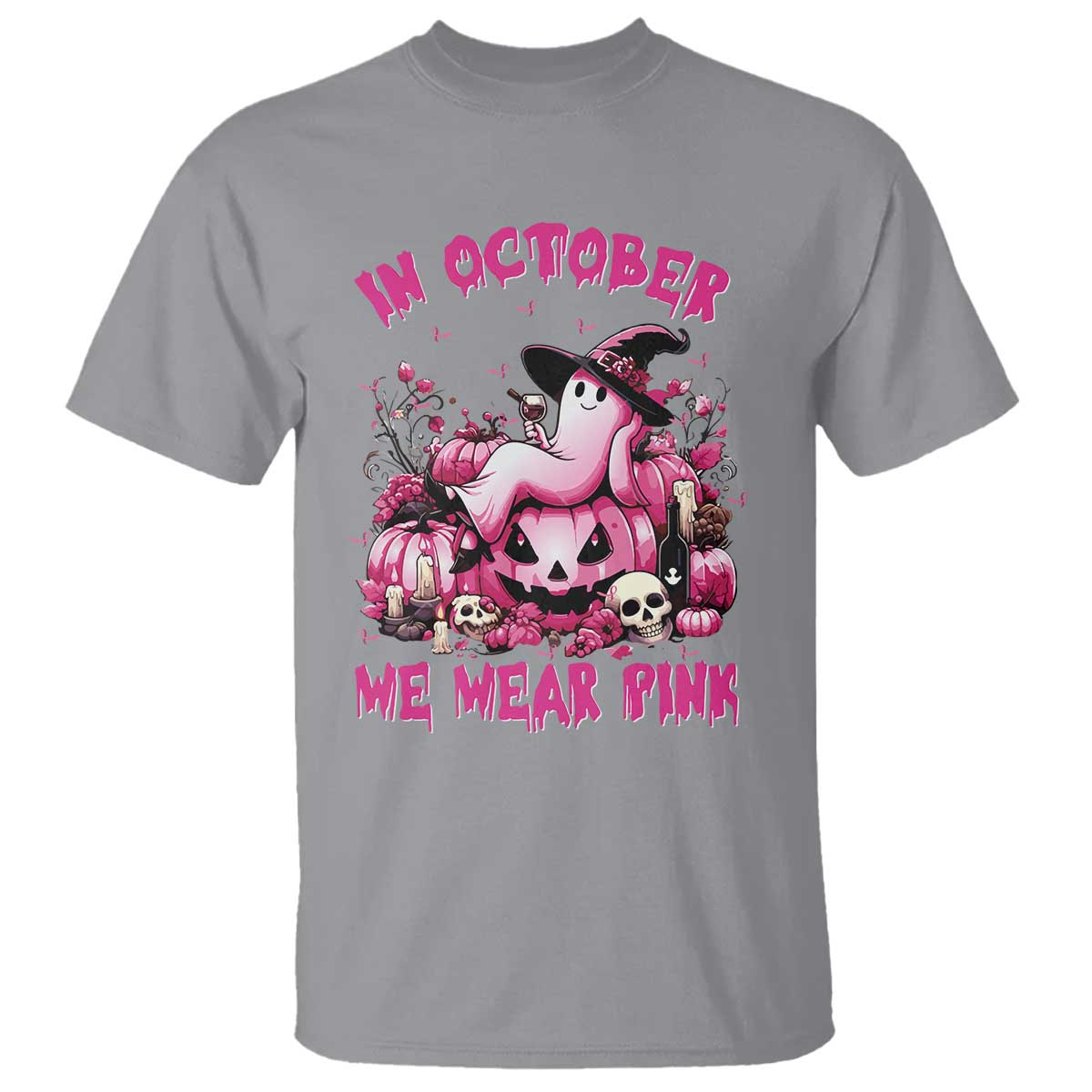 Breast Cancer Support T Shirt In October We Wear Pink Halloween Ghost Pumpkin Wine Skull