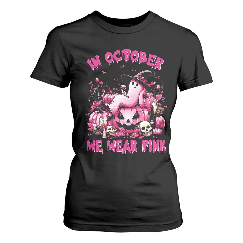 Breast Cancer Support T Shirt For Women In October We Wear Pink Halloween Ghost Pumpkin Wine Skull