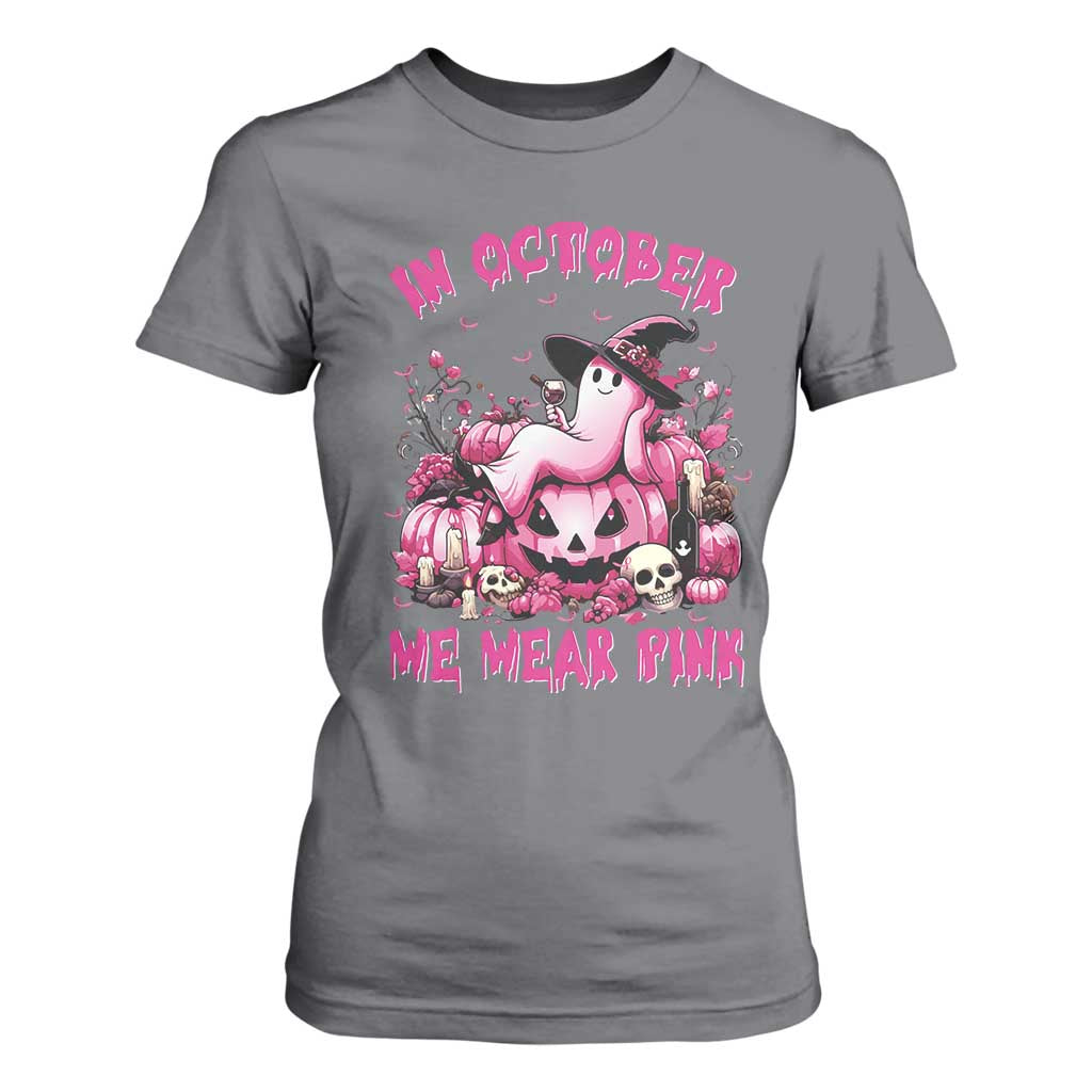 Breast Cancer Support T Shirt For Women In October We Wear Pink Halloween Ghost Pumpkin Wine Skull