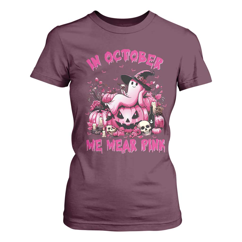 Breast Cancer Support T Shirt For Women In October We Wear Pink Halloween Ghost Pumpkin Wine Skull