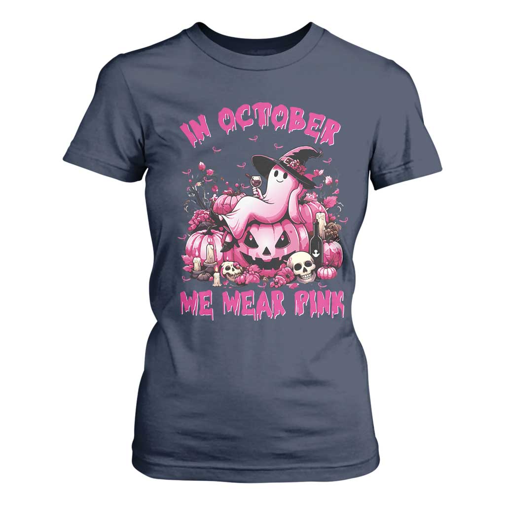 Breast Cancer Support T Shirt For Women In October We Wear Pink Halloween Ghost Pumpkin Wine Skull