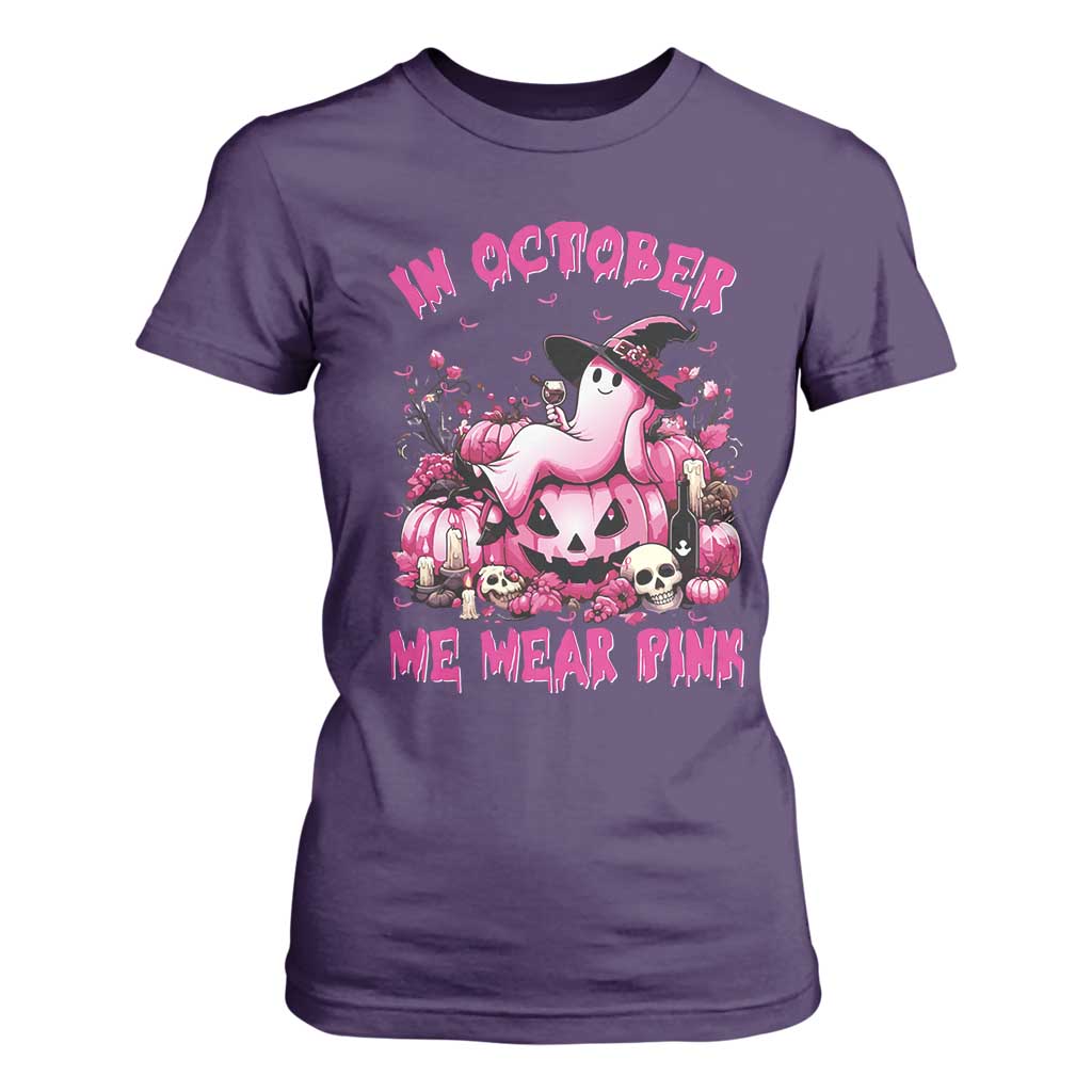 Breast Cancer Support T Shirt For Women In October We Wear Pink Halloween Ghost Pumpkin Wine Skull