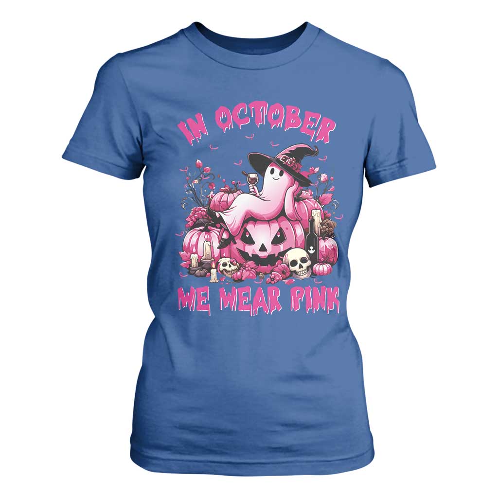 Breast Cancer Support T Shirt For Women In October We Wear Pink Halloween Ghost Pumpkin Wine Skull