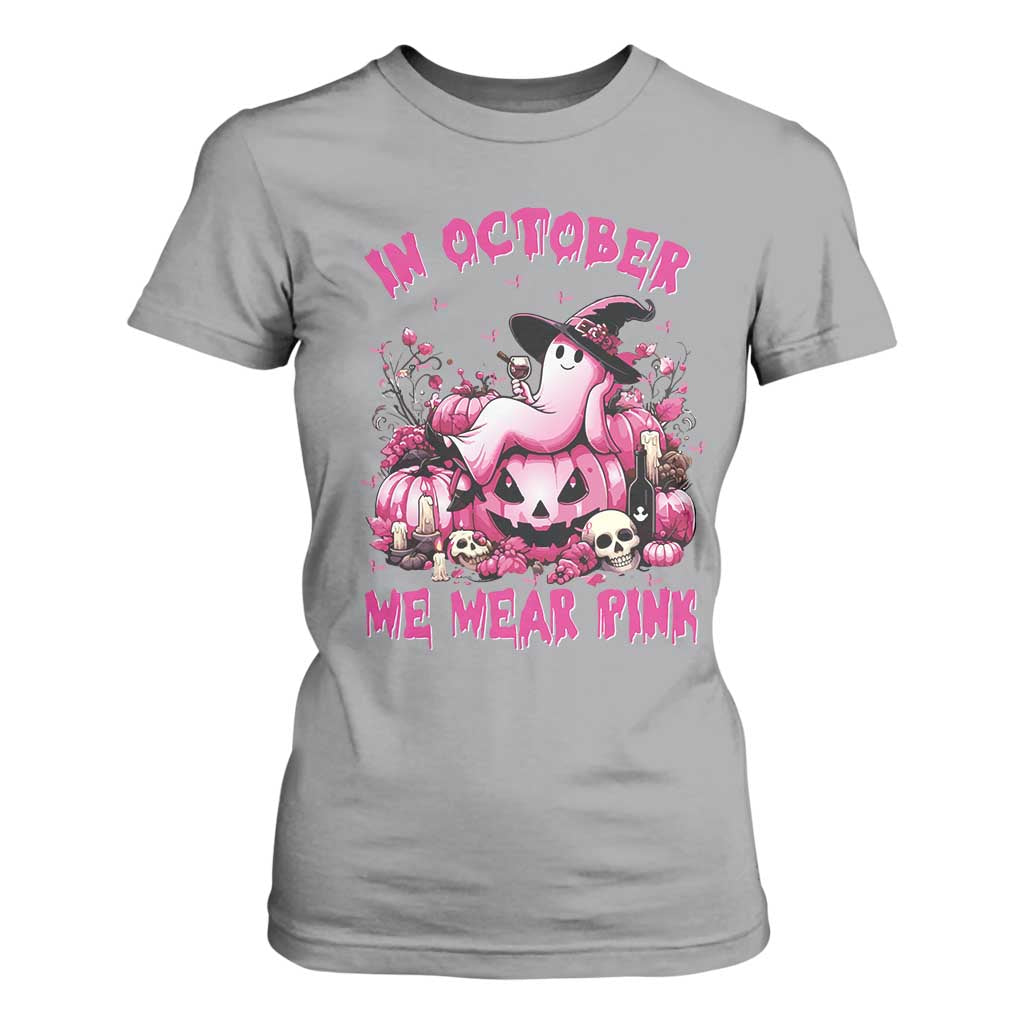 Breast Cancer Support T Shirt For Women In October We Wear Pink Halloween Ghost Pumpkin Wine Skull