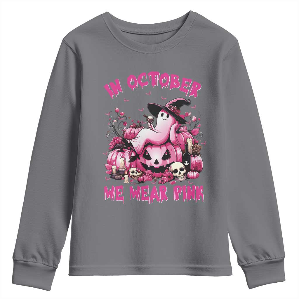Breast Cancer Support Youth Sweatshirt In October We Wear Pink Halloween Ghost Pumpkin Wine Skull