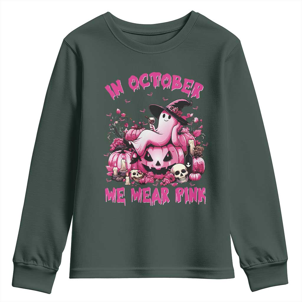 Breast Cancer Support Youth Sweatshirt In October We Wear Pink Halloween Ghost Pumpkin Wine Skull