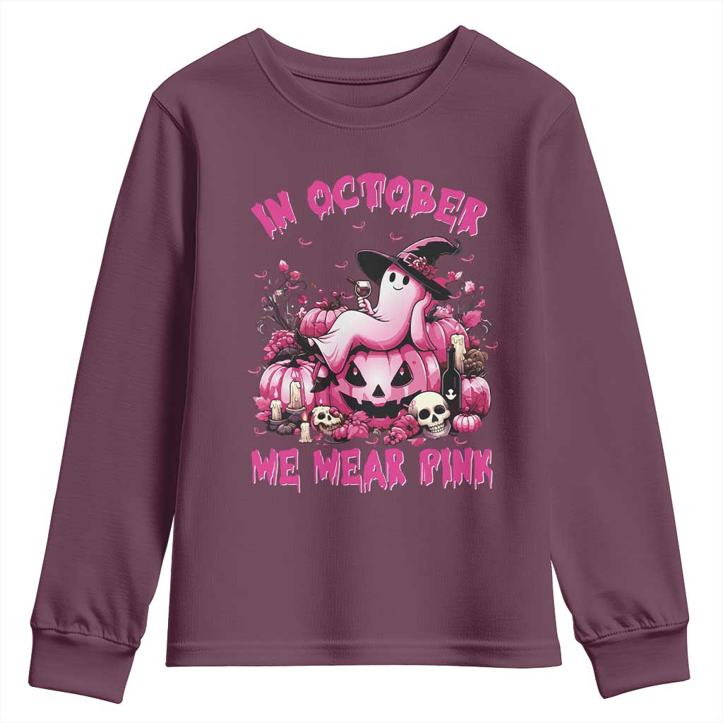 Breast Cancer Support Youth Sweatshirt In October We Wear Pink Halloween Ghost Pumpkin Wine Skull
