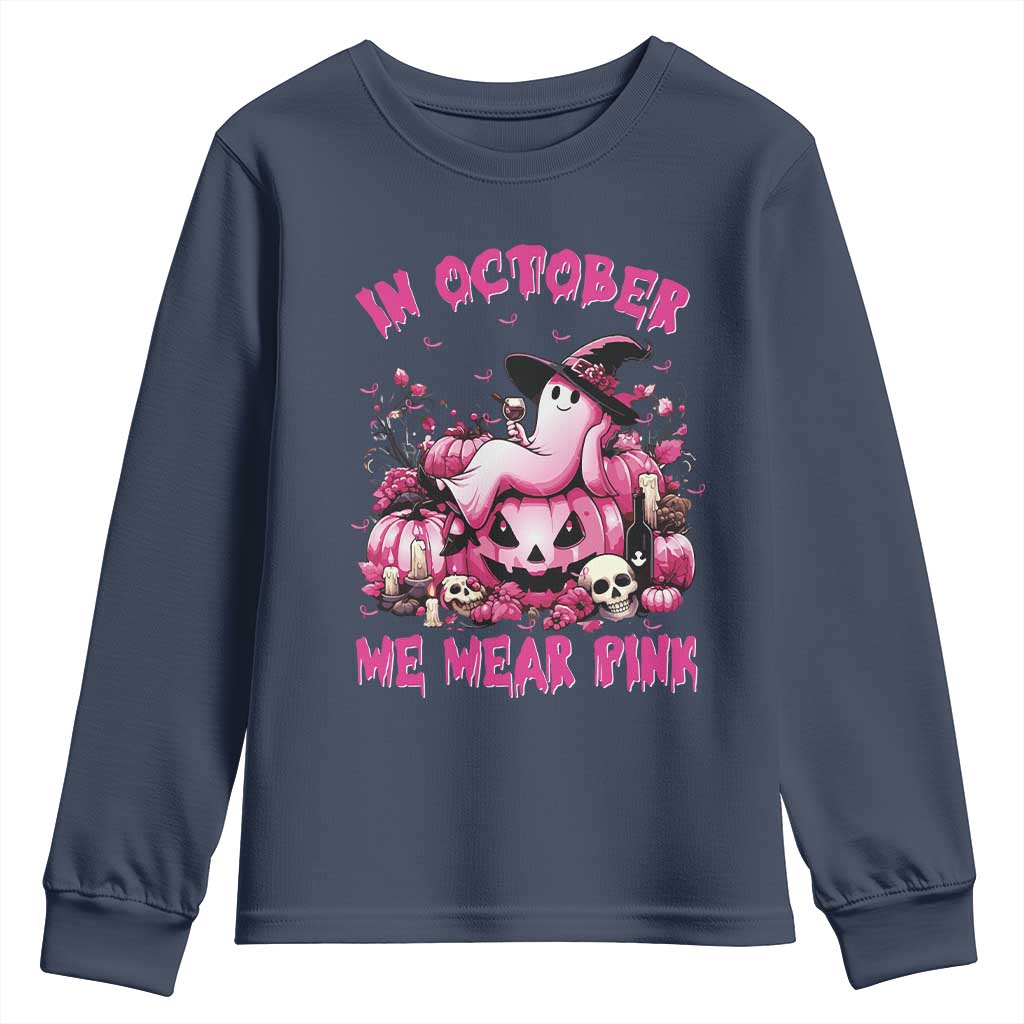 Breast Cancer Support Youth Sweatshirt In October We Wear Pink Halloween Ghost Pumpkin Wine Skull