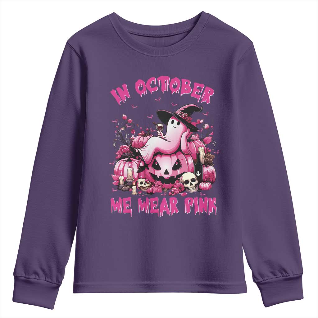 Breast Cancer Support Youth Sweatshirt In October We Wear Pink Halloween Ghost Pumpkin Wine Skull